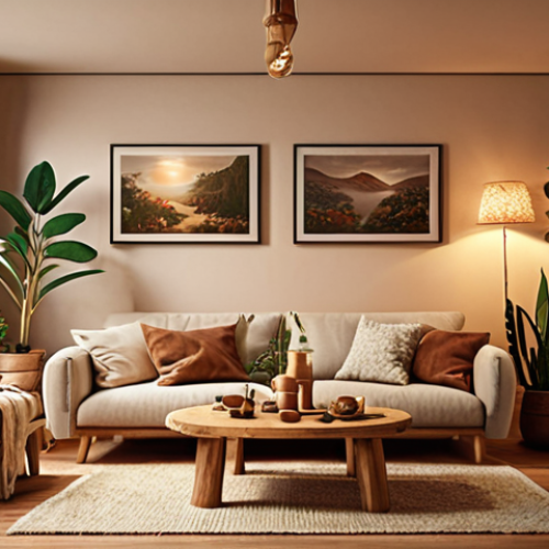 **

A cozy living room interior with warm lighting, featuring natural materials like wood and plants, incorporating personal art pieces. Focus on creating a sense of tranquility and style.

**