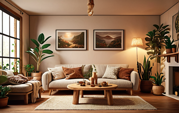**
A cozy living room interior with warm lighting, featuring natural materials like wood and plants, incorporating personal art pieces. Focus on creating a sense of tranquility and style.
**