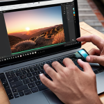 **

A photographer meticulously adjusts light and color balance on a laptop while editing a landscape photo in Adobe Lightroom Mobile, showcasing a before-and-after comparison of enhanced depth and vibrant colors. Focus on hands adjusting settings, screen displaying the photo, and the overall professional editing environment.

**
