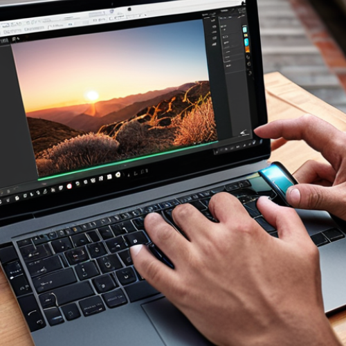 **

A photographer meticulously adjusts light and color balance on a laptop while editing a landscape photo in Adobe Lightroom Mobile, showcasing a before-and-after comparison of enhanced depth and vibrant colors. Focus on hands adjusting settings, screen displaying the photo, and the overall professional editing environment.

**