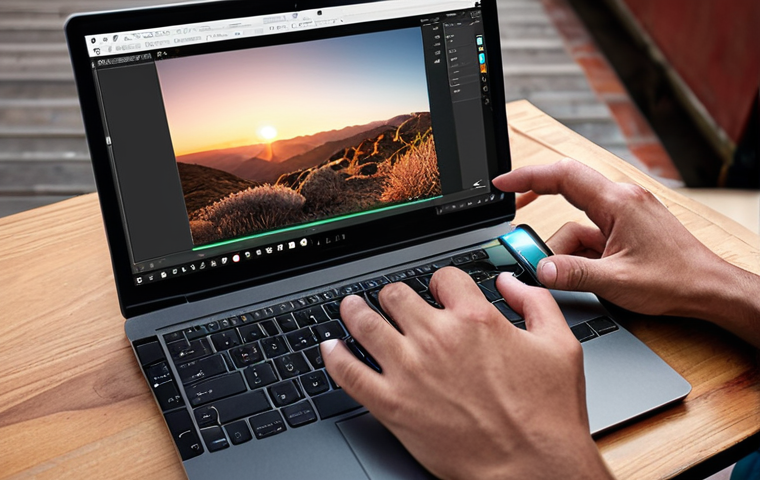 **
A photographer meticulously adjusts light and color balance on a laptop while editing a landscape photo in Adobe Lightroom Mobile, showcasing a before-and-after comparison of enhanced depth and vibrant colors. Focus on hands adjusting settings, screen displaying the photo, and the overall professional editing environment.
**
